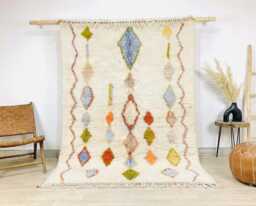 Ivory Moroccan Berber Rug, Handwoven Wool Shag Colorful Diamond Motifs, Authentic Beni Ourain Style Carpet, Large 9x12 Area Rug - thumbnail 1