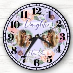 Daughter I Love You Photo Flowers Purple Personalised Gift Clock - thumbnail 1