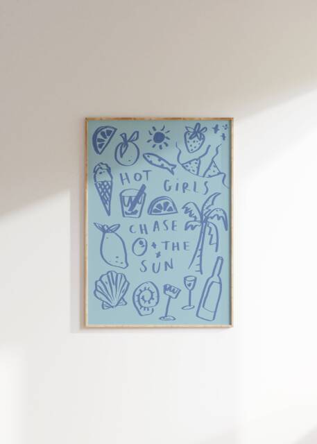 Hot Girls Chase The Sun Wall Print - Summer Days Poster Summery House Beach Home Art Trendy Aesthetic Sunshine Lover - image 1