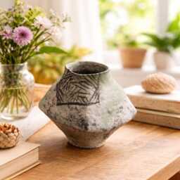 Wabi Sabi Ceramic Vase, Rustic Handmade Pottery Textured Clay Flower Japanese Style Home Decor, Tabletop Art Piece - thumbnail 3
