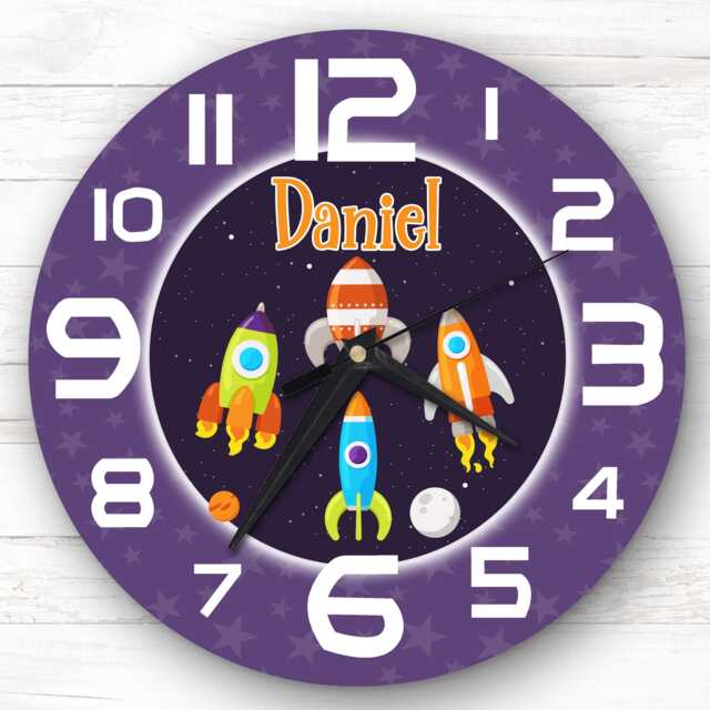 Boys Space Rockets Children's Personalised Gift For Kid's Bedroom Clock - Kids Clock, , Custom Wall - image 1