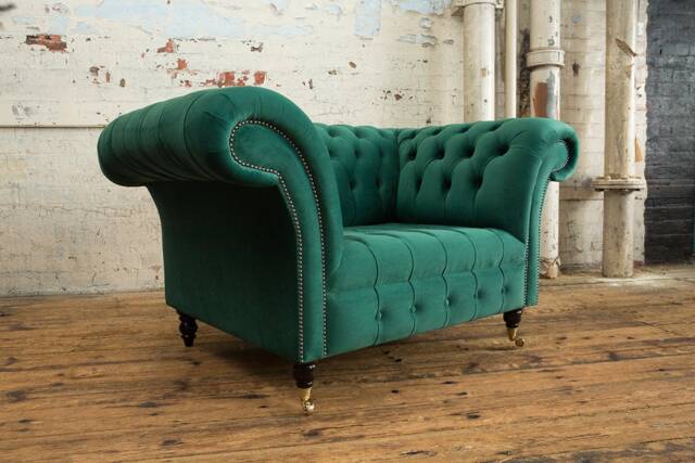 1.5str Emerald Green Velvet Fabric Chesterfield Snuggle Armchair Loveseat, British Handmade - image 1