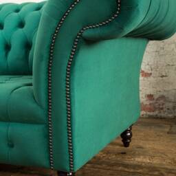 1.5str Emerald Green Velvet Fabric Chesterfield Snuggle Armchair Loveseat, British Handmade - thumbnail 3