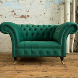 1.5str Emerald Green Velvet Fabric Chesterfield Snuggle Armchair Loveseat, British Handmade - thumbnail 2
