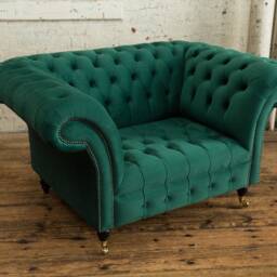 1.5str Emerald Green Velvet Fabric Chesterfield Snuggle Armchair Loveseat, British Handmade - thumbnail 4