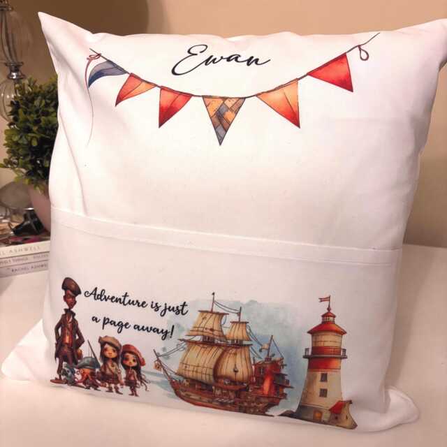 Personalized Linen Kids Book Cushion Pirate Adventure Reading Pillow, Ship, Story Books, Children's Cushion - image 1
