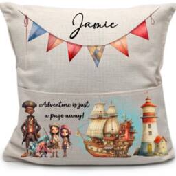 Personalized Linen Kids Book Cushion Pirate Adventure Reading Pillow, Ship, Story Books, Children's Cushion - thumbnail 4