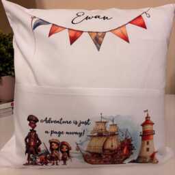 Personalized Linen Kids Book Cushion Pirate Adventure Reading Pillow, Ship, Story Books, Children's Cushion - thumbnail 3