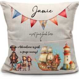 Personalized Linen Kids Book Cushion Pirate Adventure Reading Pillow, Ship, Story Books, Children's Cushion - thumbnail 2