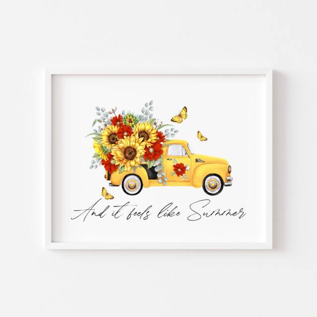 Sunflower Truck Watercolour Summer Floral Landscape Unframed Wall Art Poster Print - image 1