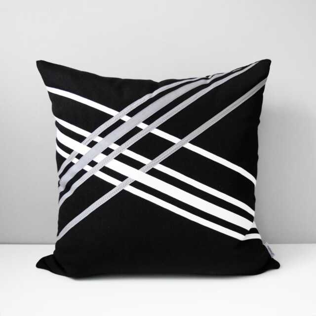 Black & White Sunbrella?? Outdoor Pillow Cover With Grey Stripe Accents For Modern Patio/Entryway Seating, Geometric Cushions By Mazizmuse - image 1