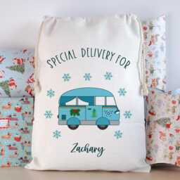 Retro Sixties Campervan Christmas Sack Or Stocking - Personalised Gift Bag, Different Colour Options - thumbnail 1