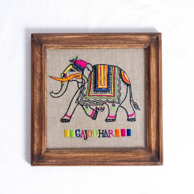 Elephant Embroidery in Hoop Or Wooden Frame, Linen With Bright Colors, Indian, Wall Art - image 1
