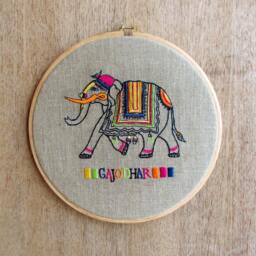 Elephant Embroidery in Hoop Or Wooden Frame, Linen With Bright Colors, Indian, Wall Art - thumbnail 2