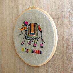 Elephant Embroidery in Hoop Or Wooden Frame, Linen With Bright Colors, Indian, Wall Art - thumbnail 3