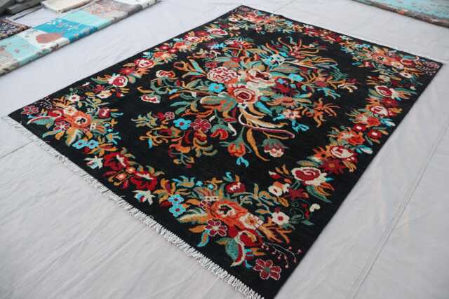 5'4x6'8 Ft Black Floral Area Rug, Karabagh Afghan Veg Dyes Hand Knotted Wool Tribal Oriental Bedroom Carpet, Rugs For Living Room - image 1