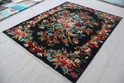 5'4x6'8 Ft Black Floral Area Rug, Karabagh Afghan Veg Dyes Hand Knotted Wool Tribal Oriental Bedroom Carpet, Rugs For Living Room - thumbnail 1