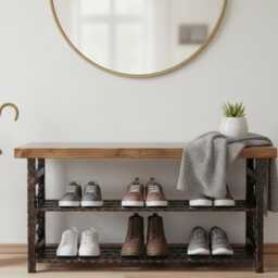 Shoe Rack Storage Bench Organiser Hallway Furniture Stand Metal Wood Shelf Entryway Unit Handmade Schuhregal Schuhbank Flur - thumbnail 2