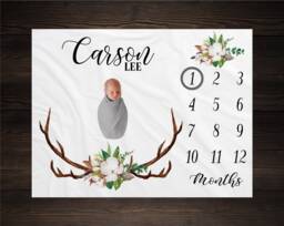Rustic Milestone Blanket Deer Cotton Floral Month Growth Tracker Baby Shower Gift Girl Boy Nursery