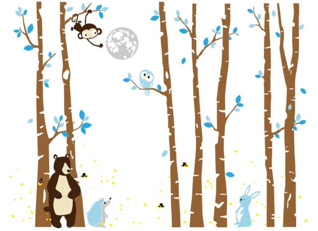 Forest Wall Decal Vinyl Sticker Nursery, Tree Decal, Kids Bedroom Decor, Jungle Monkey, Bear, Owls, Fireflies, Hedgehog - image 1