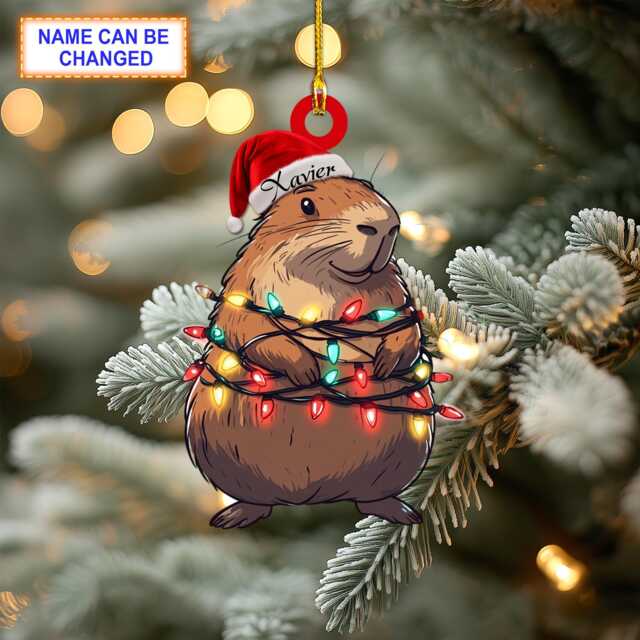 Custom Name Capybara Smile Christmas Lights Personalized Ornament, Tree Hanging Decor, Flat 2D Ornament Acrylic/ Wooden - image 1