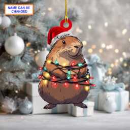 Custom Name Capybara Smile Christmas Lights Personalized Ornament, Tree Hanging Decor, Flat 2D Ornament Acrylic/ Wooden - thumbnail 2