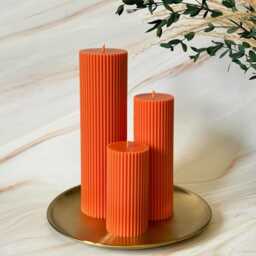 Burnt Orange Tall Ribbed Pillar Candles - Scented Home Decor, Wedding Centerpiece - thumbnail 1