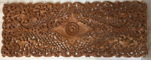 White Large King Bed Bohemian Headboard 72 Inch Mandala Lotus Flower Wooden Craved Teak Wood Art Panel Wall Home Decor Thailand Sculpture - image 1