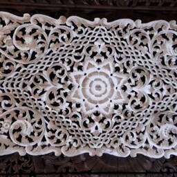 White Large King Bed Bohemian Headboard 72 Inch Mandala Lotus Flower Wooden Craved Teak Wood Art Panel Wall Home Decor Thailand Sculpture - thumbnail 2