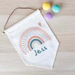 Personalised Rainbow Linen Flag, Nursery Decor, New Baby Gift, Wall Banner Pennant Room Decor - thumbnail 2