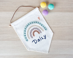 Personalised Rainbow Linen Flag, Nursery Decor, New Baby Gift, Wall Banner Pennant Room Decor - thumbnail 1