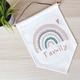 Personalised Rainbow Linen Flag, Nursery Decor, New Baby Gift, Wall Banner Pennant Room Decor - thumbnail 3