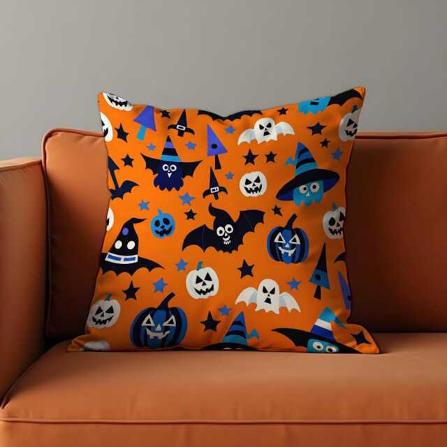 Cute Halloween Cushion Cover, Orange Throw Pillowcase With Ghosts, Bats & Pumpkins, Fun Spooky Decor For Kids' Room Or Party Sofa - image 1