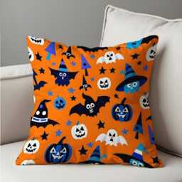 Cute Halloween Cushion Cover, Orange Throw Pillowcase With Ghosts, Bats & Pumpkins, Fun Spooky Decor For Kids' Room Or Party Sofa - thumbnail 4