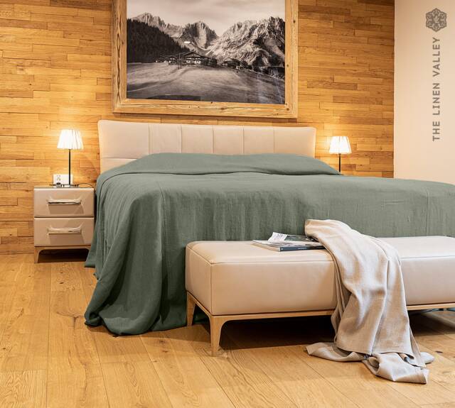 Moss Green Linen Bedspread - Forest King Queen Bed Cover- Natural Eco Heavy Coverlet- Stonewashed Flax Throw - image 1