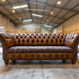 3 Seater Antique Tan Leather Chesterfield Sofa, Grey Velvet, British Handmade - thumbnail 3