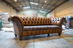 3 Seater Antique Tan Leather Chesterfield Sofa, Grey Velvet, British Handmade