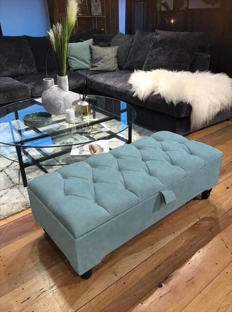 Pastel Blue Cotton Chenille Ottoman Footstool Coffee Table With Storage- Handmade Chesterfield Traditional Extra Large Pouffe Footrest - image 1