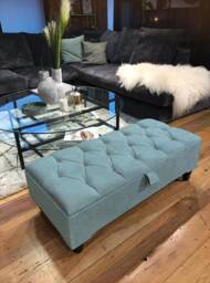 Pastel Blue Cotton Chenille Ottoman Footstool Coffee Table With Storage- Handmade Chesterfield Traditional Extra Large Pouffe Footrest - thumbnail 1