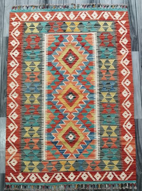 Handmade Rug, Classic Artisan Afghan Turkish Navajo Geometric Wool Kilim Rug 137x99 cm - image 1