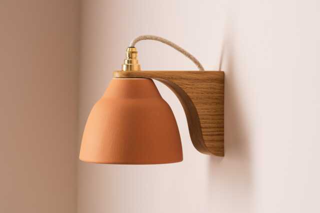 Terracotta Right-Angle Element Wall Light in Ceramic & Oak - image 1
