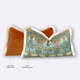 William Morris Brer Rabbit Lumbar Cushion Cover Velvet Terracotta Back Fringe Edge Arts Crafts Mid Century Decor - All Sizes - thumbnail 3
