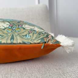 William Morris Brer Rabbit Lumbar Cushion Cover Velvet Terracotta Back Fringe Edge Arts Crafts Mid Century Decor - All Sizes - thumbnail 4
