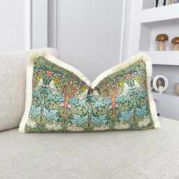 William Morris Brer Rabbit Lumbar Cushion Cover Velvet Terracotta Back Fringe Edge Arts Crafts Mid Century Decor - All Sizes - thumbnail 2