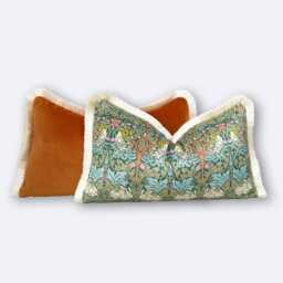 William Morris Brer Rabbit Lumbar Cushion Cover Velvet Terracotta Back Fringe Edge Arts Crafts Mid Century Decor - All Sizes - thumbnail 1