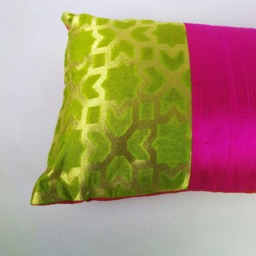Chartreuse Hot Pink Gold Silk Lumbar Pillow - Handmade Pure Decorative Cover Living Room Decor Cushion - thumbnail 3