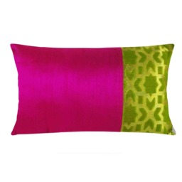 Chartreuse Hot Pink Gold Silk Lumbar Pillow - Handmade Pure Decorative Cover Living Room Decor Cushion - thumbnail 2