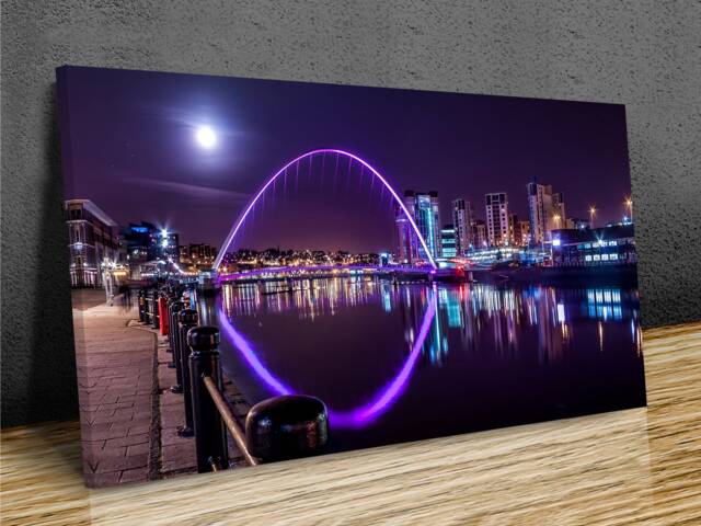 Millennium Bridge Under Night Sky & Full Moon, Newcastle Upon Tyne, Uk, Golden Sunlight, Home D??cor, Canvas Print Art Framed - image 1