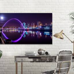 Millennium Bridge Under Night Sky & Full Moon, Newcastle Upon Tyne, Uk, Golden Sunlight, Home D??cor, Canvas Print Art Framed - thumbnail 4