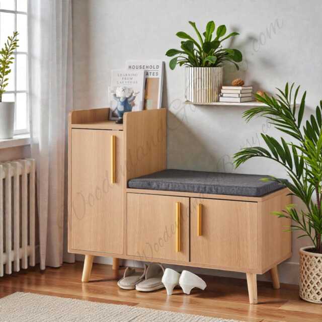 Wooden Shoe Storage Bench With Cushion, Entryway Rack & Rustic Organizer - image 1